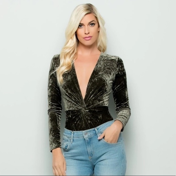 OLIVE VELVET BODYSUIT - Picture 2 of 5